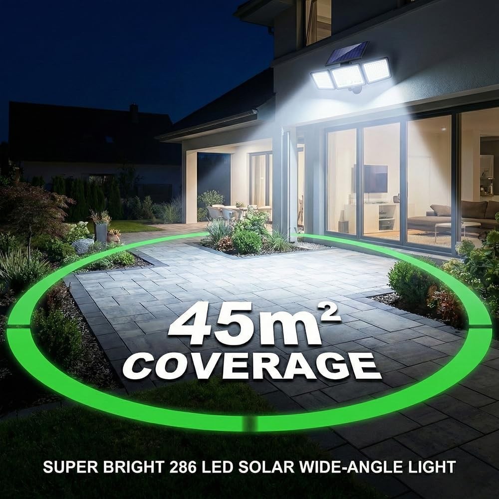2 Pack Solar Security Light Outdoor 3 head 6500K 3000LM LED Motion Sensor IP65