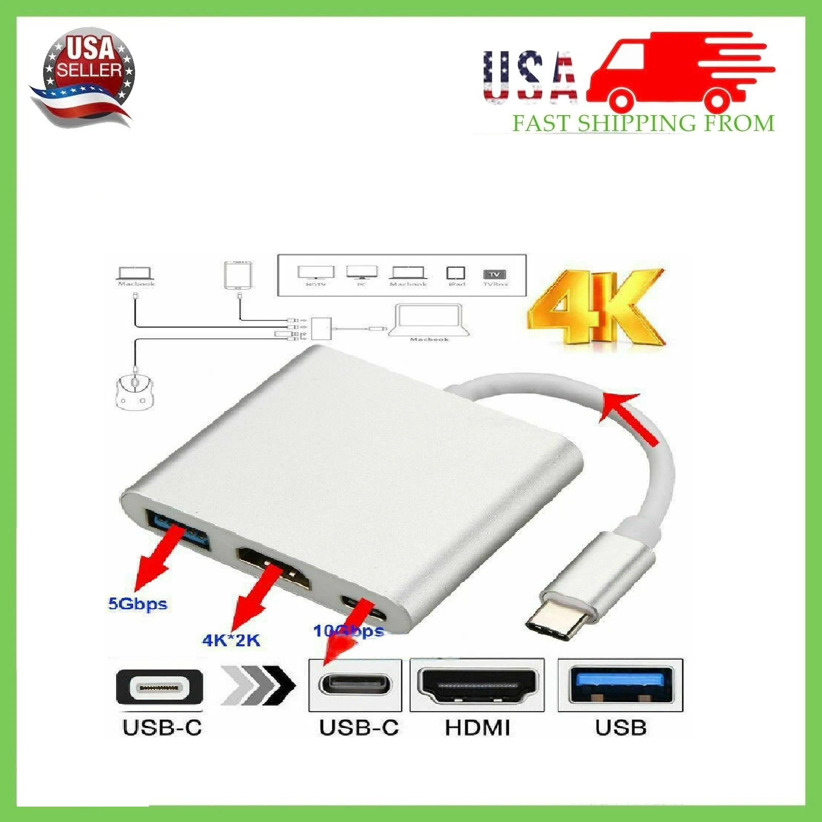 3 In 1  Type C to HDMI HDTV TV Cable Adapter Converter For MacBook Android Phone