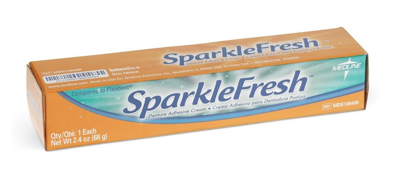 Lot of 12 Tubes Medline SparkleFresh Denture Adhesive Cream, 2.4 oz/tube