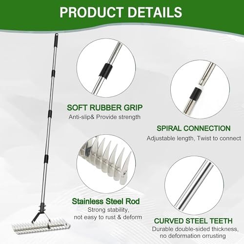Adjustable Heavy Duty Thatch Rake - Lawn Dethatcher & Soil Rake for Garden Yard