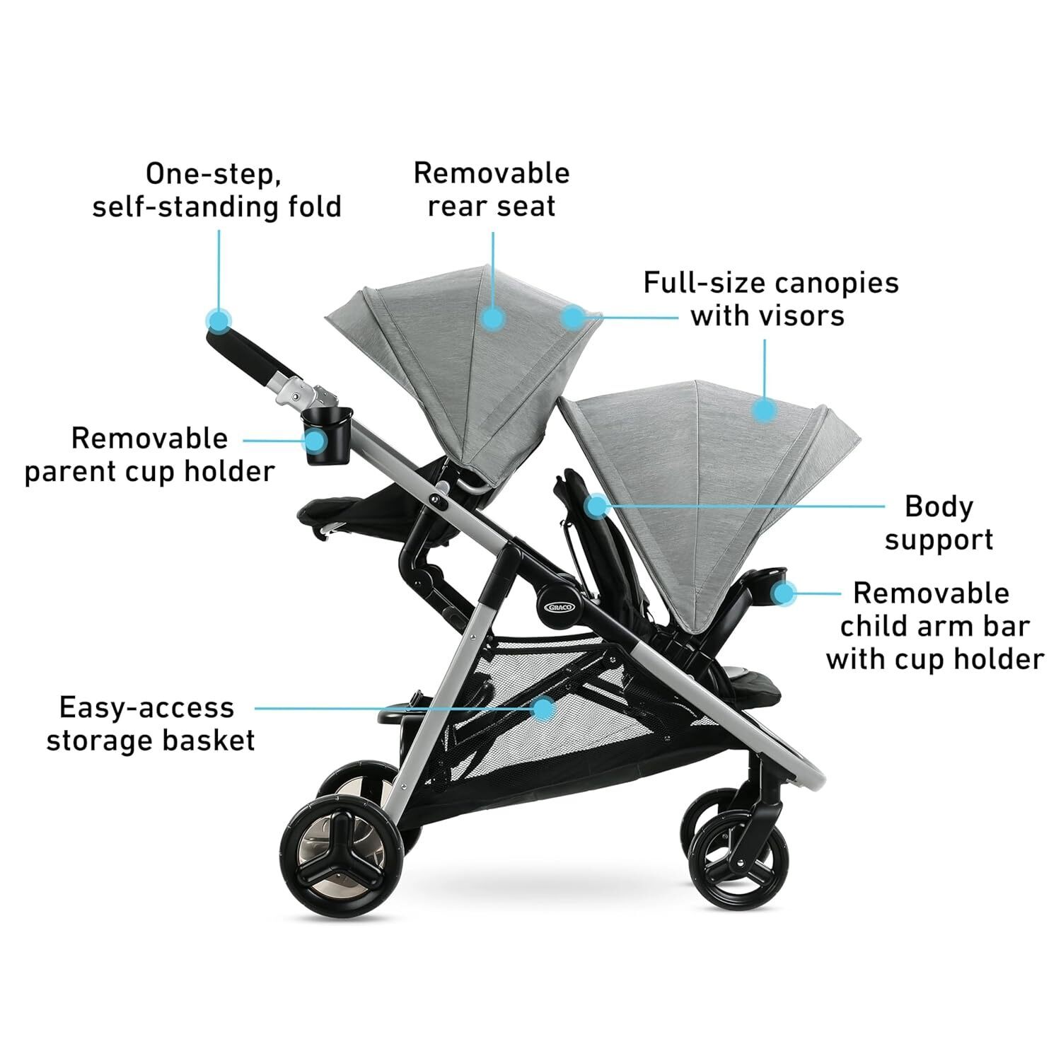 Double Stroller Features Bench Seat and Standing Platform Options