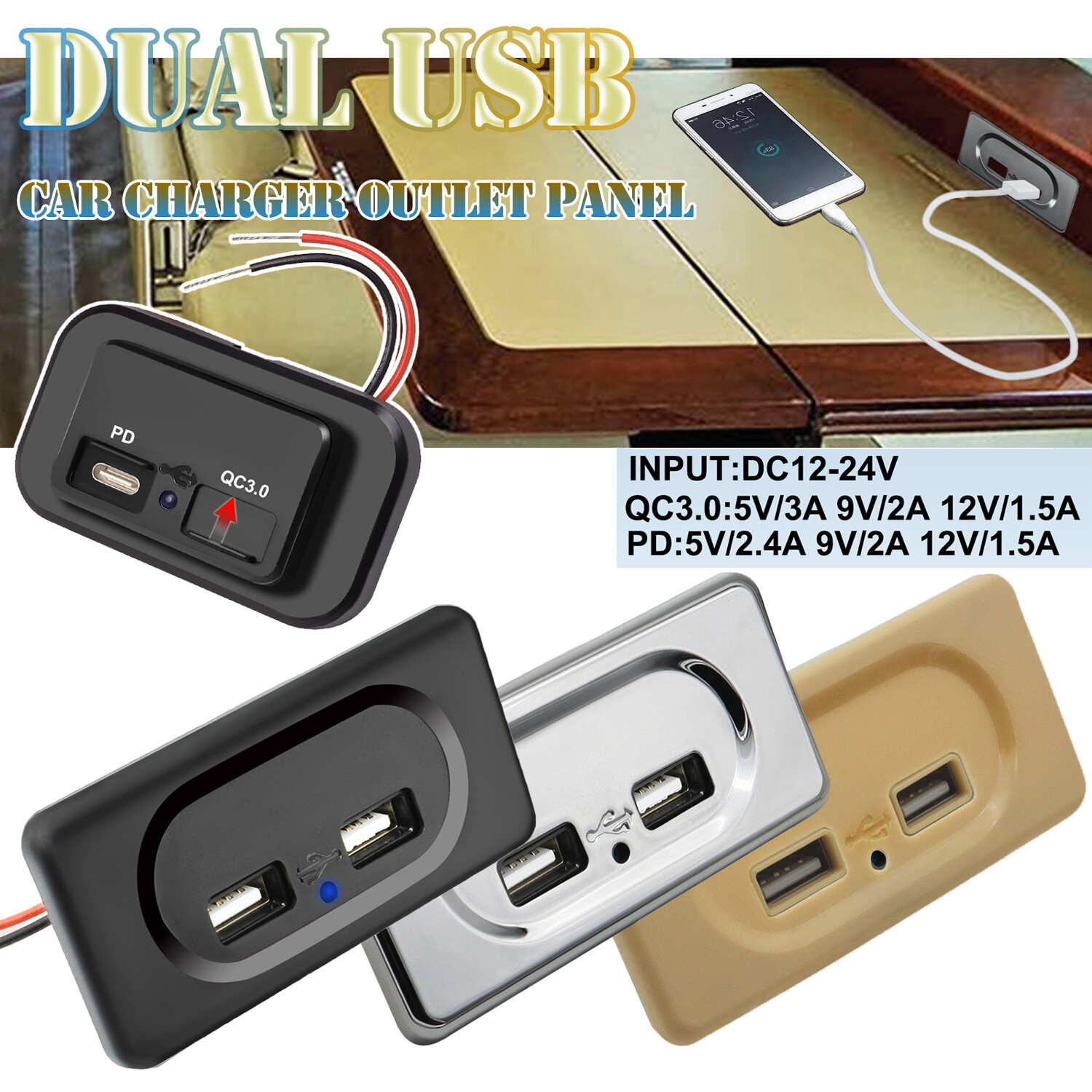 12V-24V Dual USB PD QC3.0 Car Boat RV Fast Charger Socket LED Power Outlet Panel