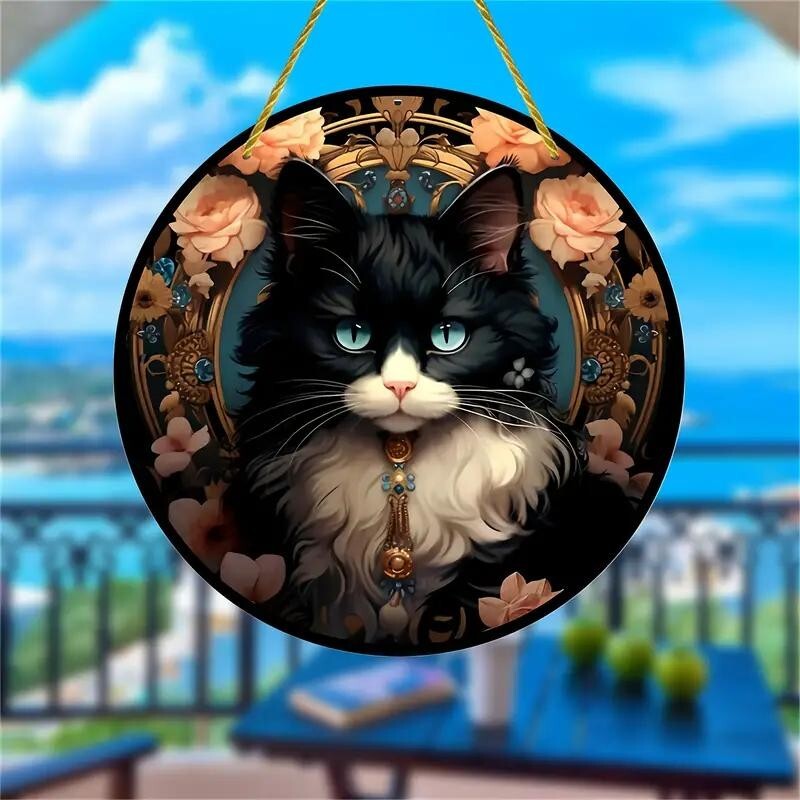 TUXEDO CAT Stained Acrylic SunCatcher 6" Diameter