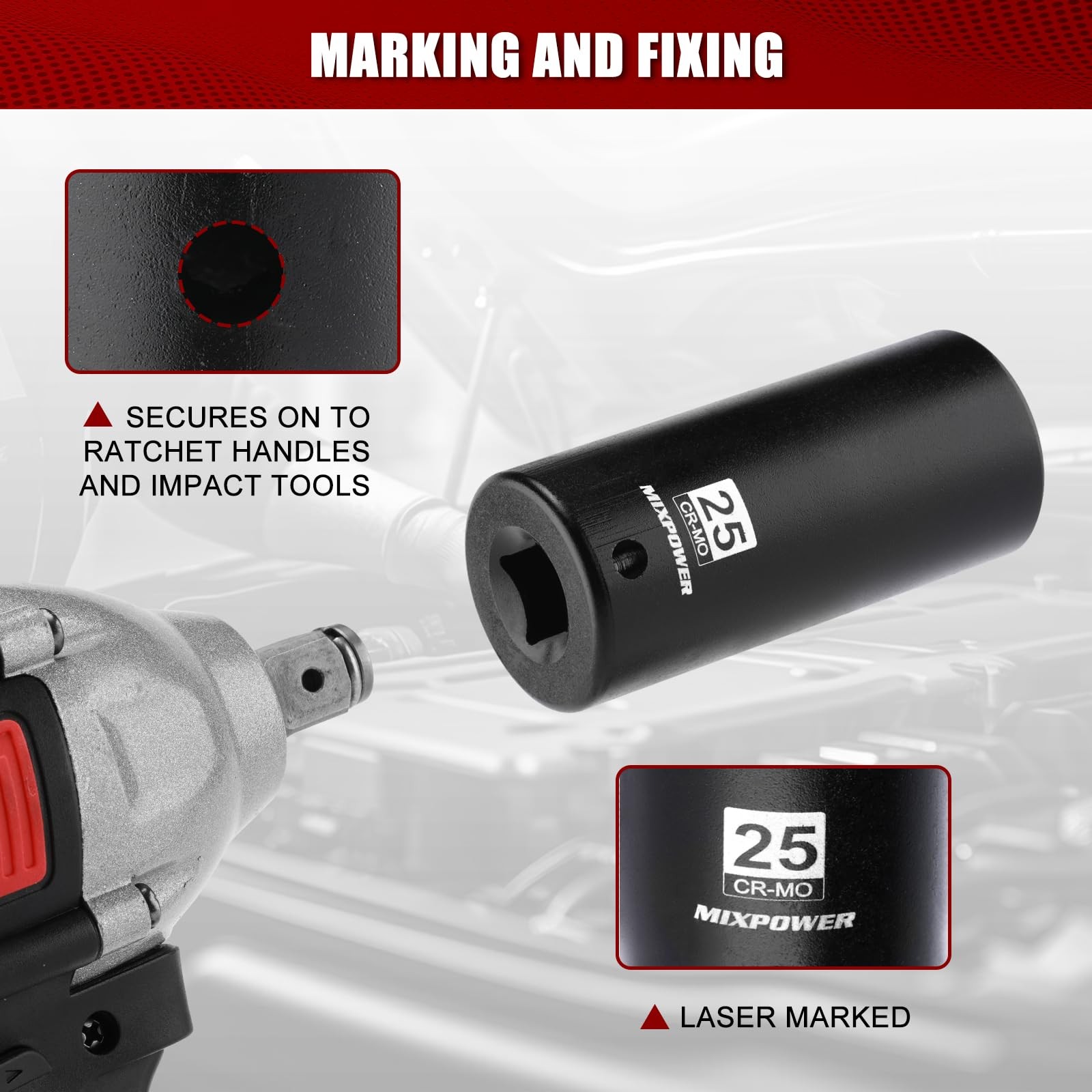1/2" Drive Deep Impact Socket,CR-MO,25mm,6 Point, Radius Corner 25mm