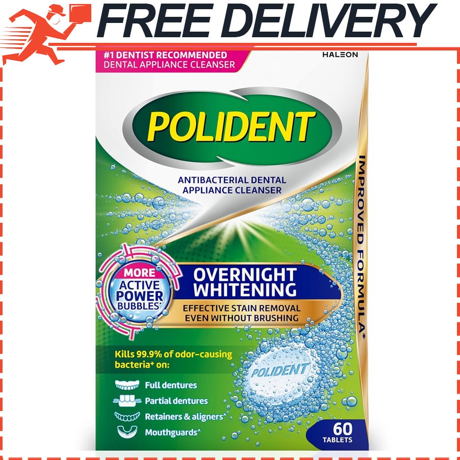 Polident Overnight Whitening Antibacterial Dental Appliance Cleanser Tablets