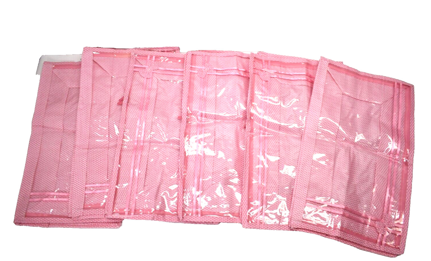 Lot of 6 Clear Top Storage Tote Bags Pink/White Zip Closure Organizers.
