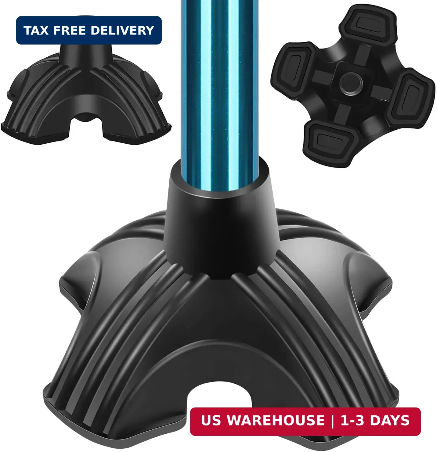 Cane Tip Heavy Duty - Self Standing Non-Slip Rubber Quad Base for Walking Cane -
