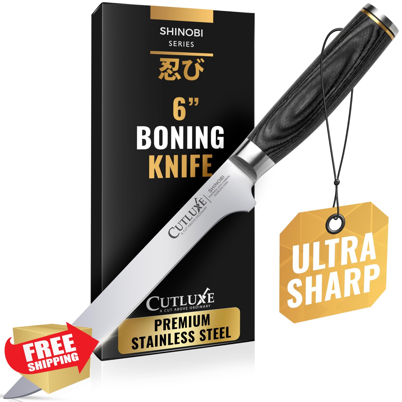 Cutluxe Shinobi 6" Boning Knife, Japanese High Carbon Steel, Fillet Meat