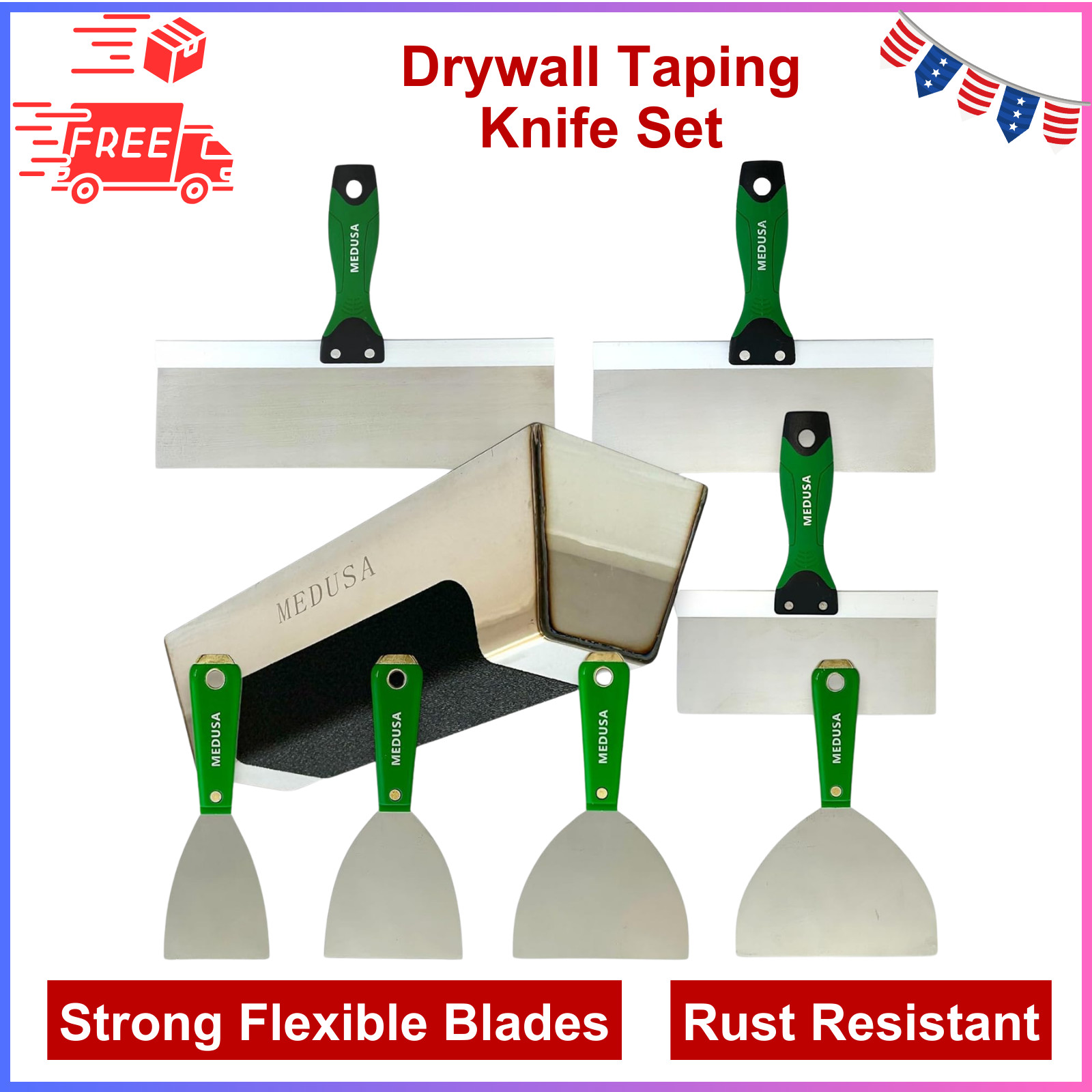 Drywall Taping & Finishing Taping Knife Set: 3,4,5,6" Steel + 12" Mud Pan & Grip
