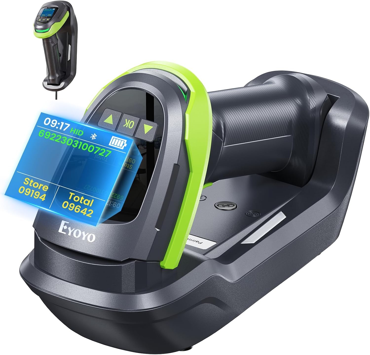 Eyoyo 1.44" LCD Barcode Scanner Wireless with Screen 1D 2D QR Bluetooth Scanner