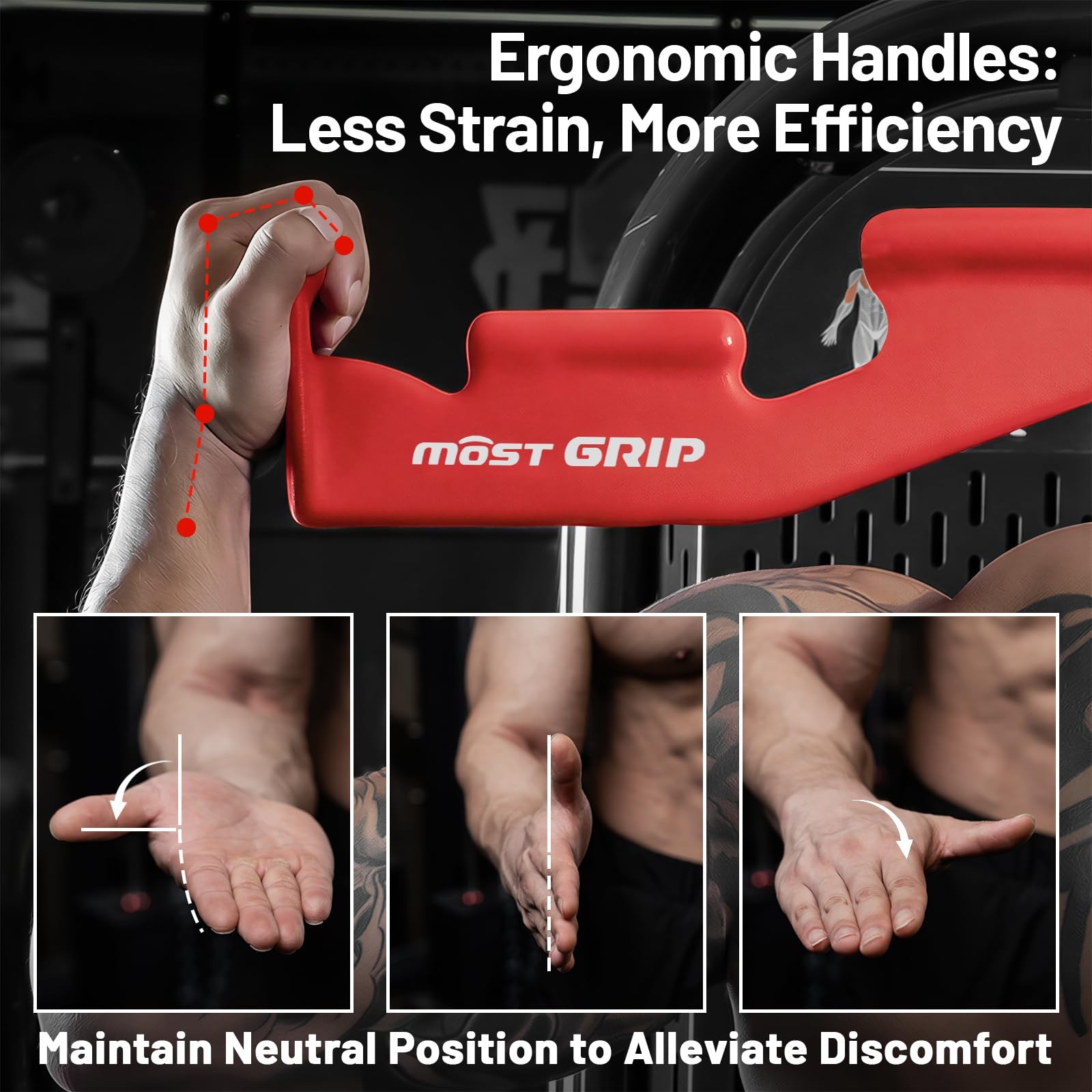 MOST GRIP LAT Pull Down Bar with 6 Ergonomic Handles, Neutral Grip Red