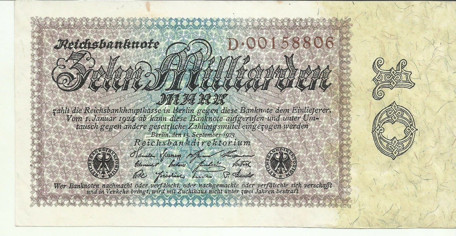 GERMANY 10 MILLIARDEN BILLION MARKS 1923 P 116. XF CONDITION. 8RW 28JUL