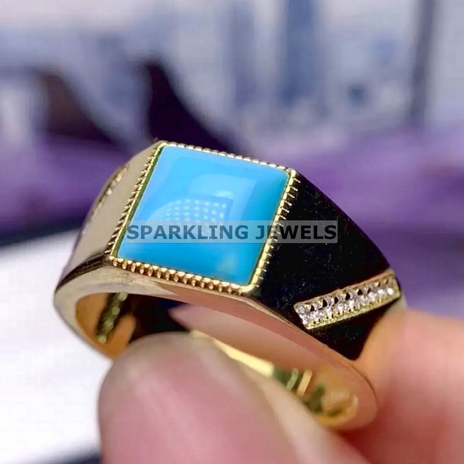 Lustrous Turquoise Square Cut With 14K Solid Gold Ring For Men #C387