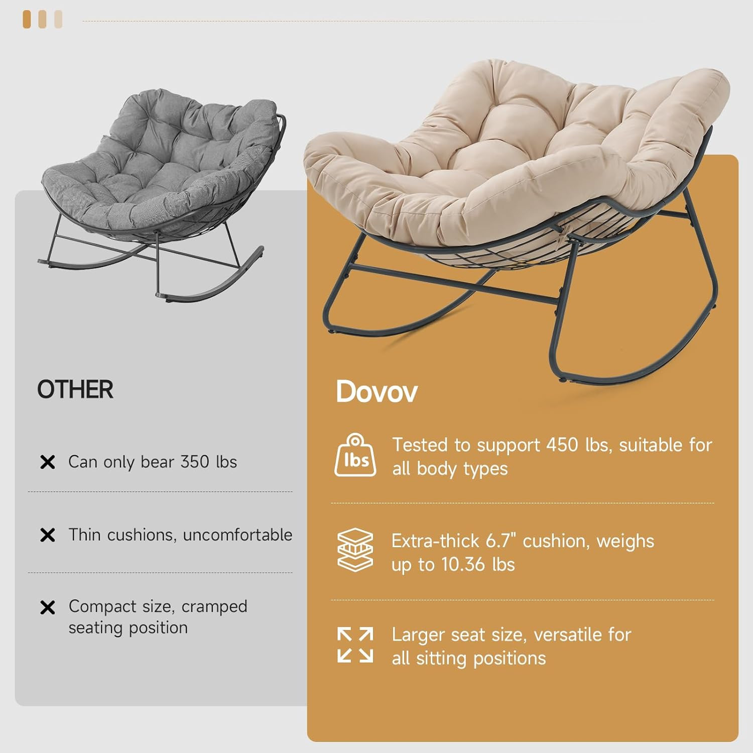 Papasan Rocking Chair Indoor, Oversized Rocking Chair with Thickened Cushion, 45