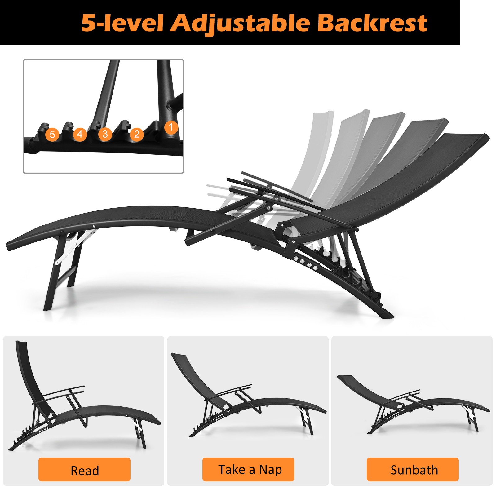 2PCS Patio Folding Lounge Chair Chaise Recliner Adjustable Stackable W/Armrest