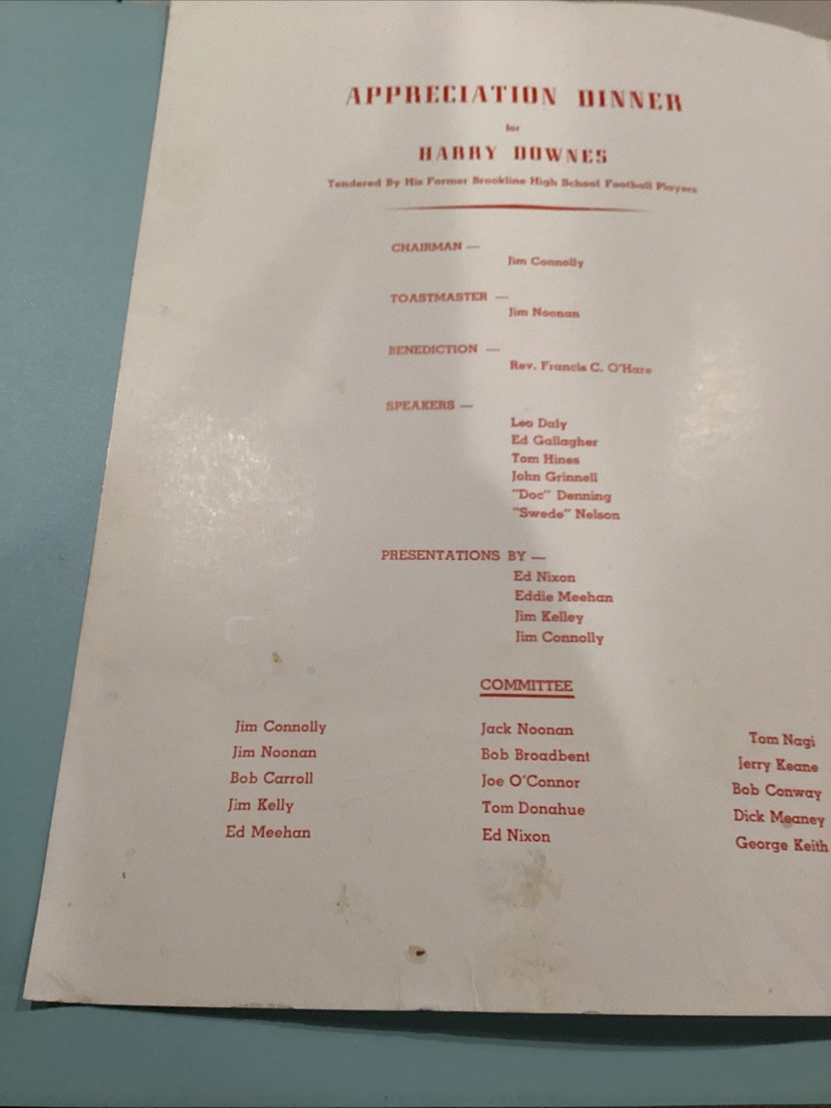 1954 Harry Downes Brookline HS Appreciation Dinner Program Swede Nelson Coll