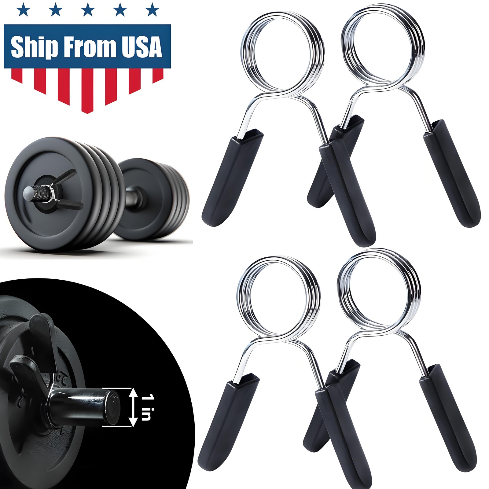 4× Spring Clip Collars Weight Dumbbell Handles for Standard 1-inch Bars Pair USA