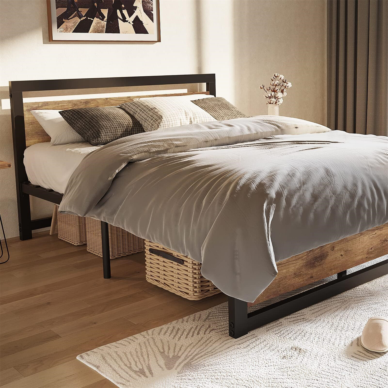 King Size Bed Frame W/Headboard Industrial King Platform Bedframe No Box Spring