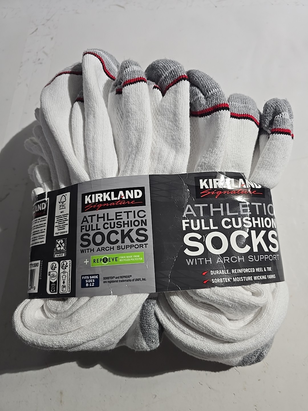 Kirkland Signature Men’s 8 Pairs Athletic Full Cushion Socks, White, Size 8-12