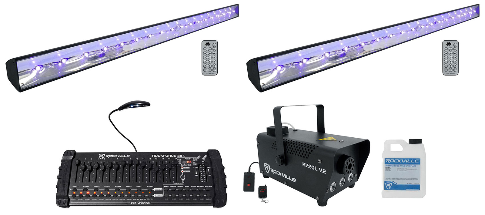 (2) American DJ ECO BAR UV LED Bar Black Lights w/Remotes+Fogger+DMX Controller