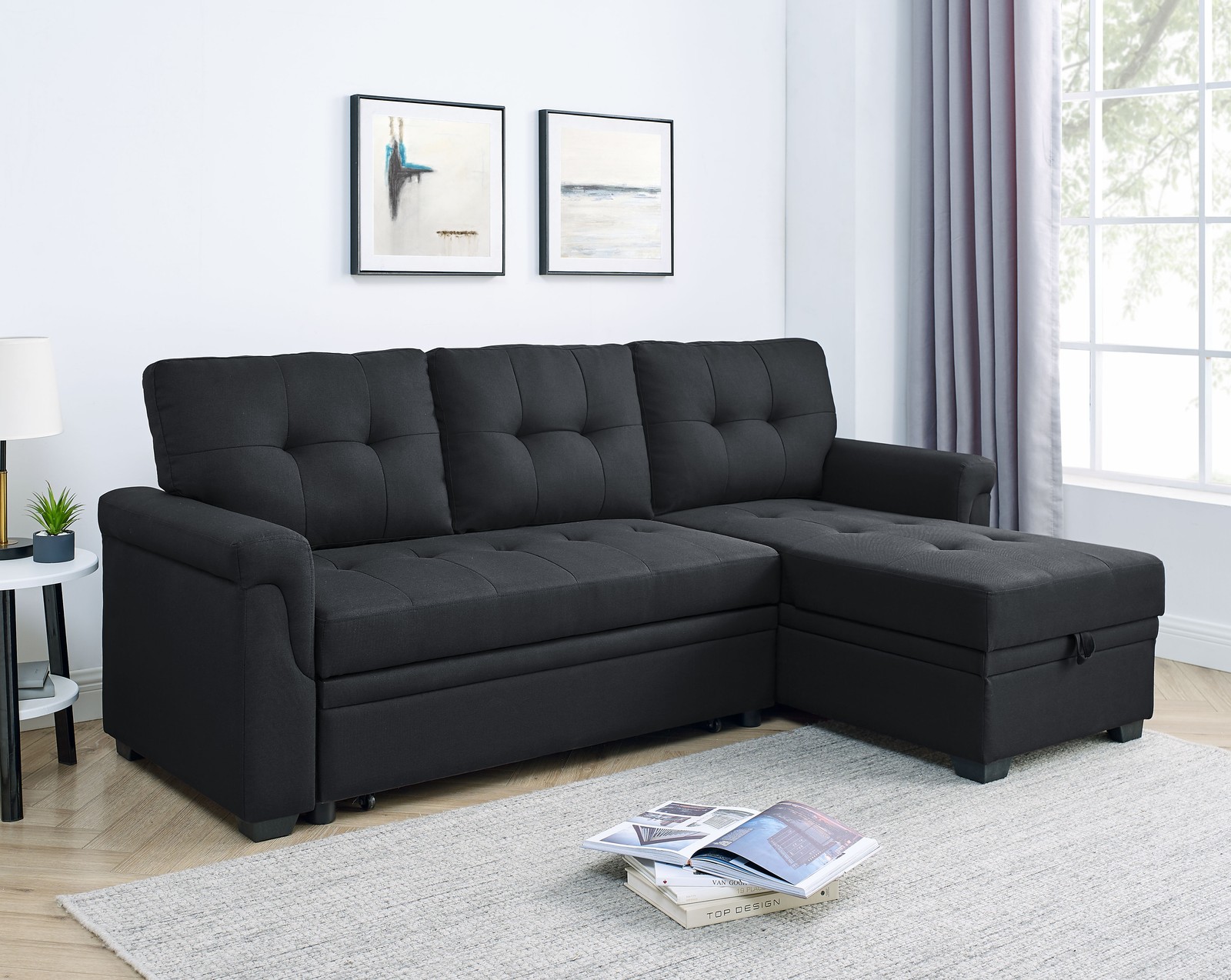 New 86" Soft Cushion Sofa Bed 3-Seat Polyester Black Living Room