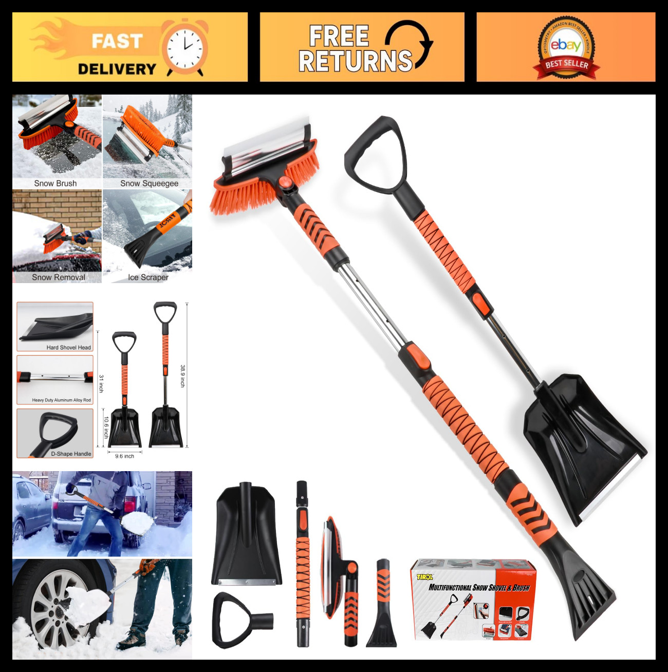 42" Extendable Snow Brush & Ice Scraper - 180° Pivot, Foam Grip, Non-Scratch Bri