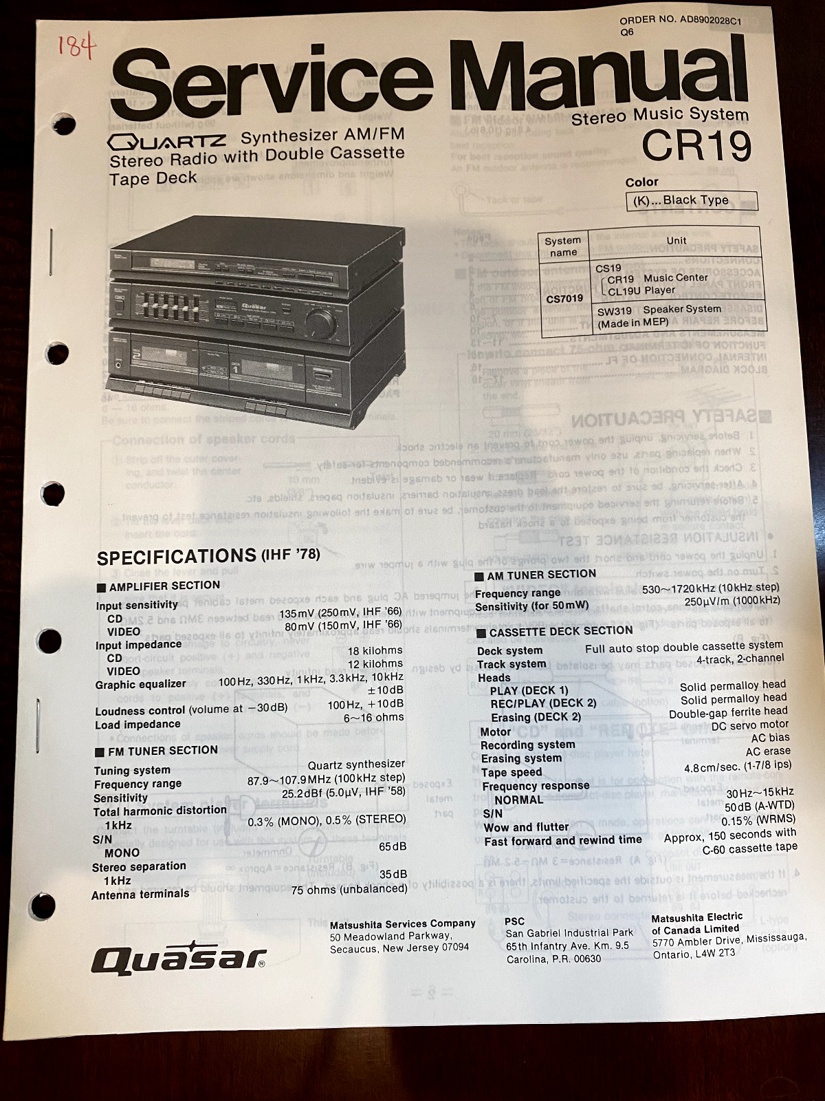 QUASAR CR19 CR-19 Service Manual FROM THE USA **ORIGINAL**