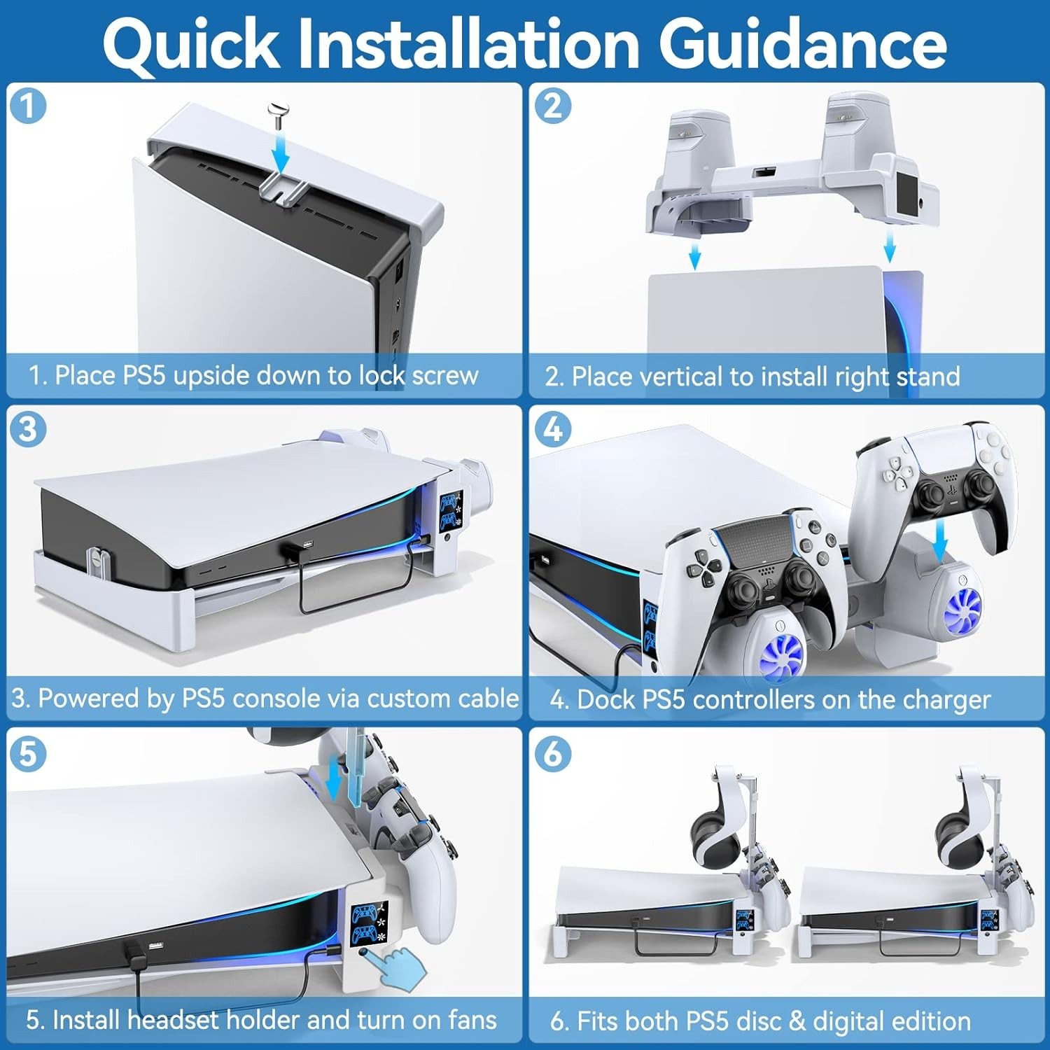 PS5 Horizontal Stand with 3-Level Cooling Fans for PlayStation 5 Console, PS5 Ac