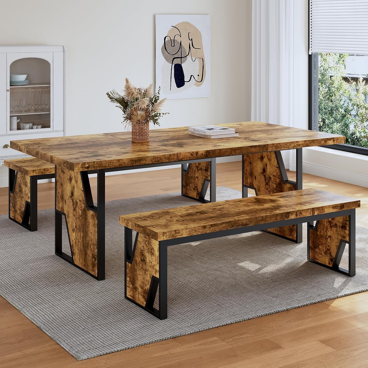 70.8" Wooden Dining Table W/ 2 Benches Modern Kitchen Table & Chairs Set 4-6