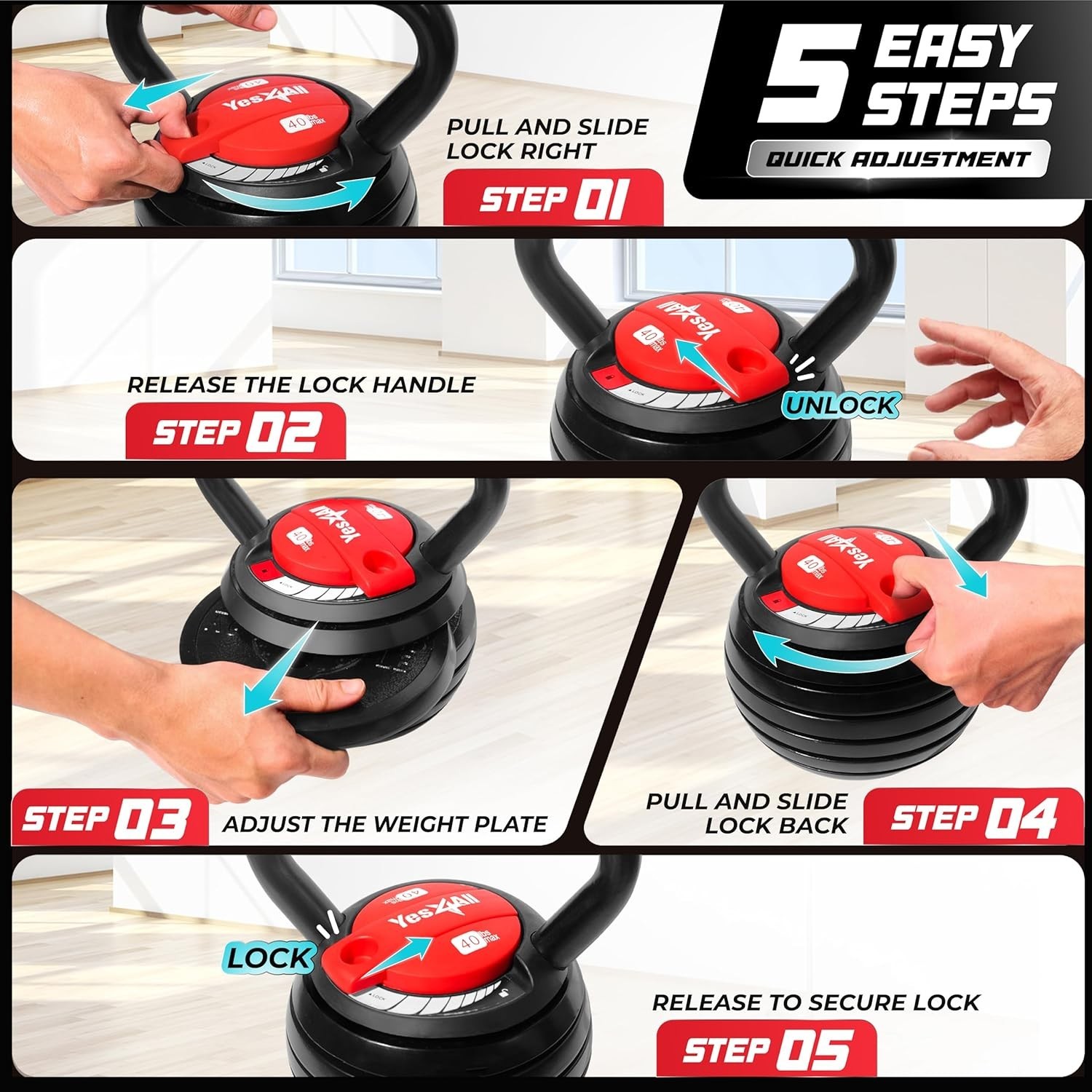 Adjustable Kettlebell Set, 20–40 LB Weight Set, Solid Cast Iron Handle with S...