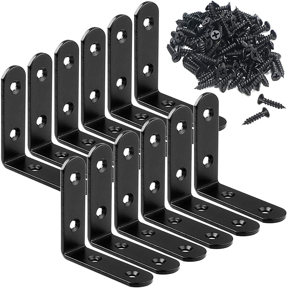 12 PCS 2.5 Inch Black Corner Brace L Brackets Stainless Steel Heavy Duty 90