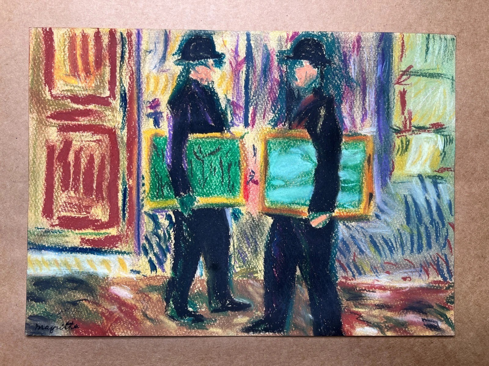 Rene Magritte (Handmade) Drawing On old Paper Signed & Stamped Mixed Media
