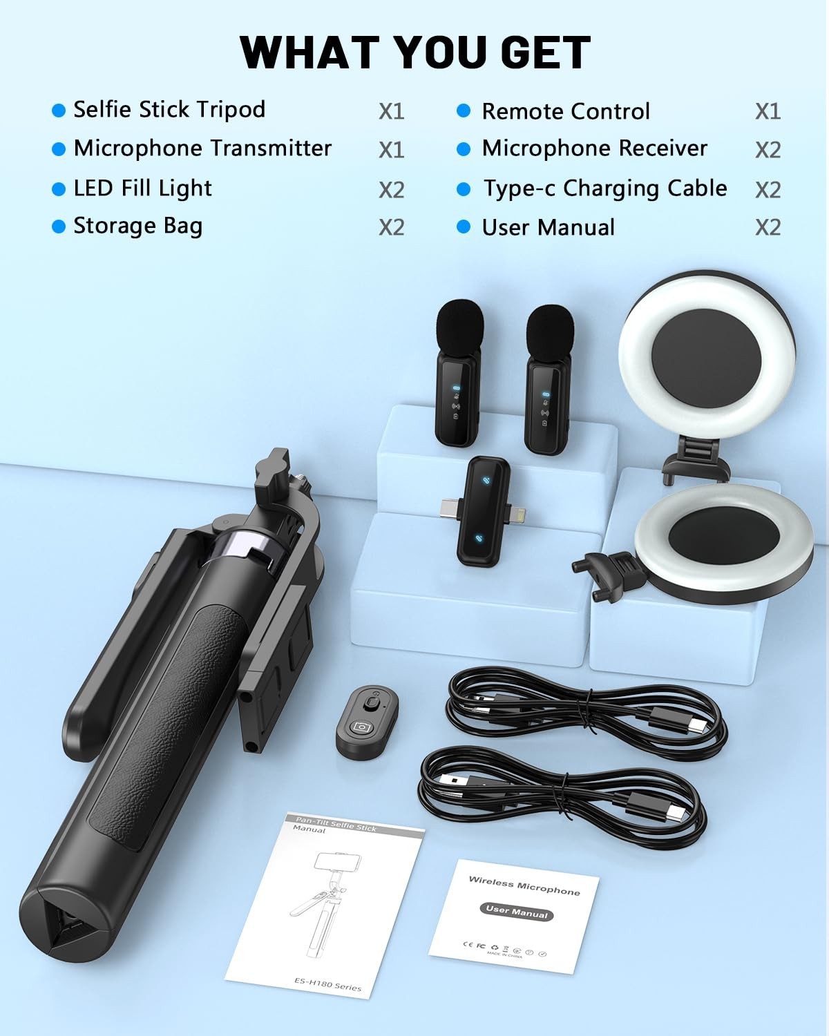 Vlogging Kit for iPhone/Android, Tripod with Large Ring Light & Mic, Black