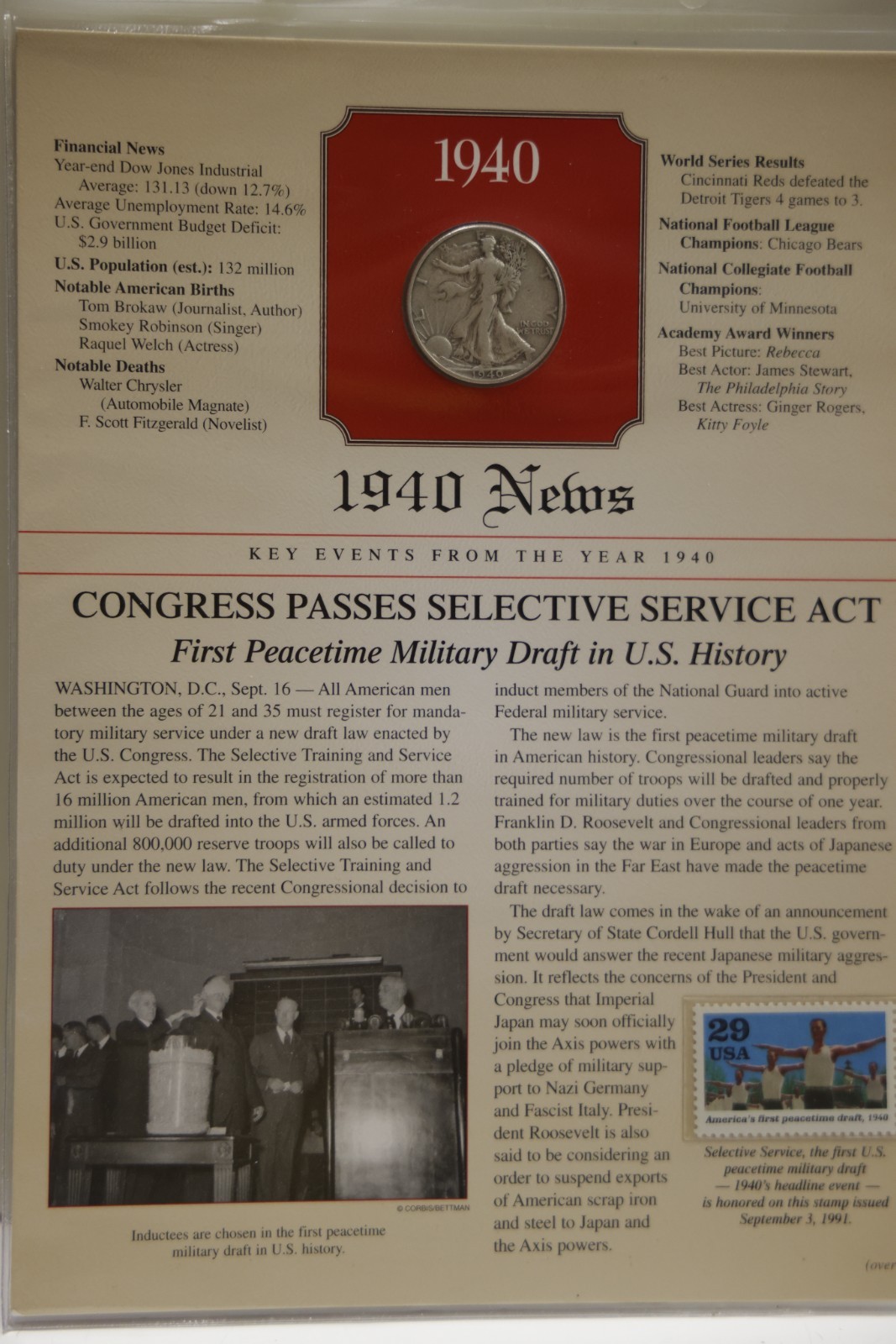 1940 US Walking Liberty Half 50c Coin/Stamp/News Panel Set