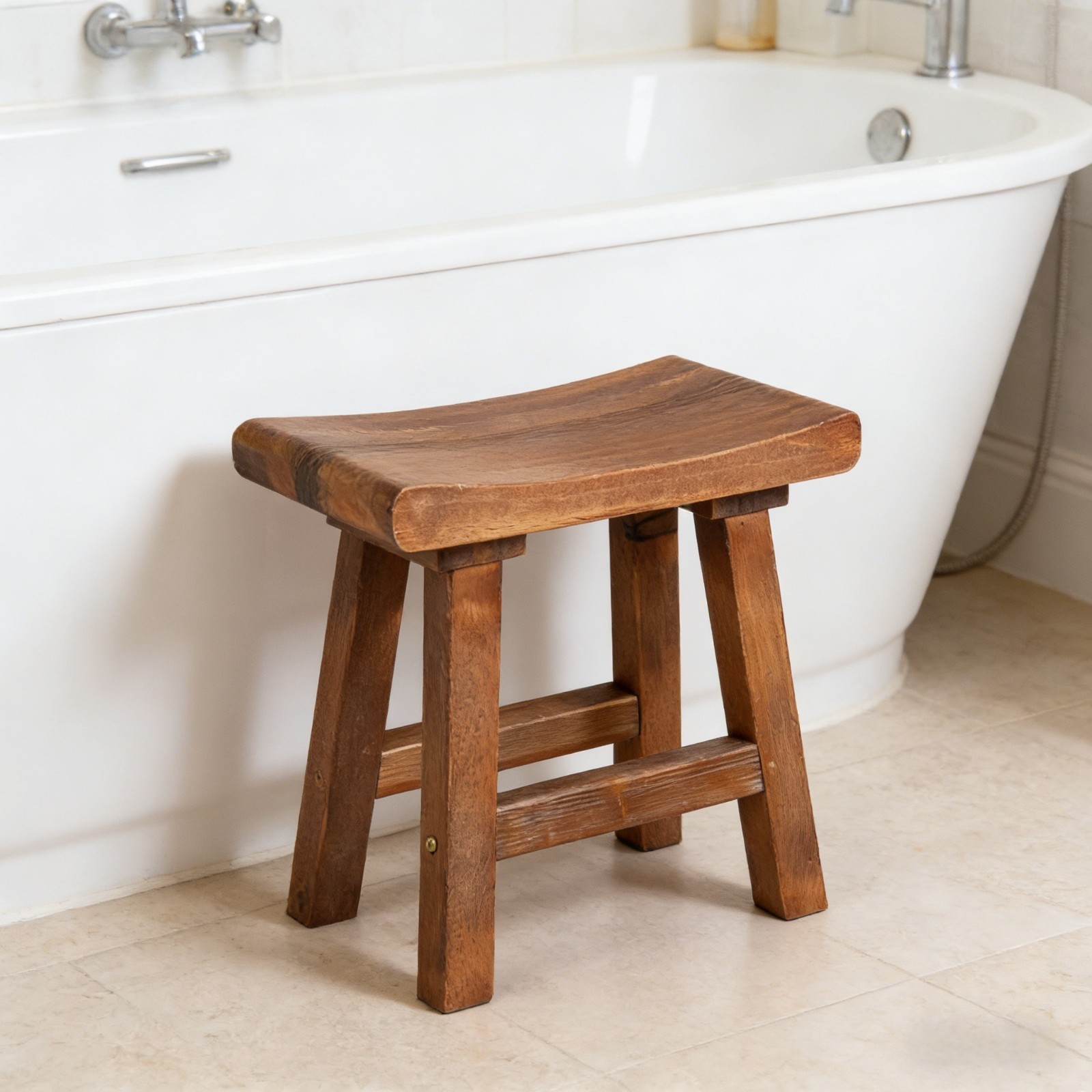Rustic Old Pine Wooden Stool Bench Side Table Farmhouse Bedside Table 18.5" H