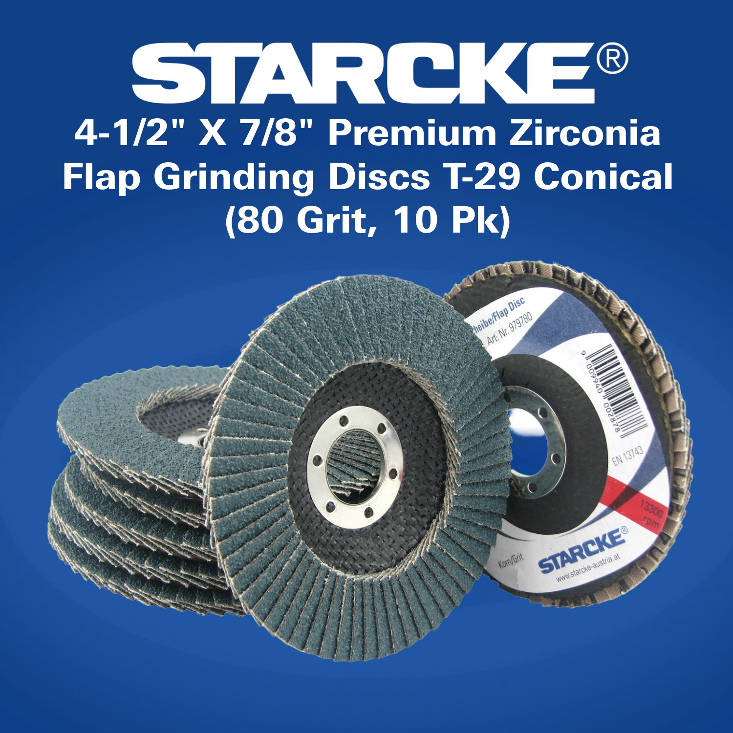 4-1/2" X 7/8" Premium Zirconia Flap Grinding Discs T-29 Conical (80 Grit, 10 Pk)
