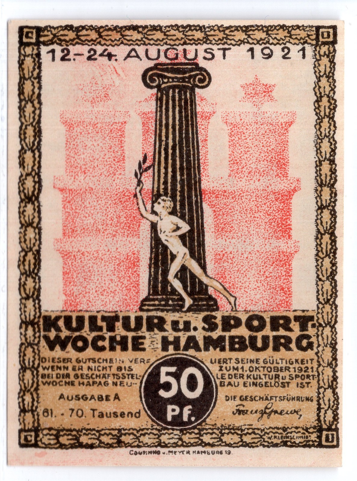 1921 Germany Hanburg Notgeld 50 Pfennig Note (3061)