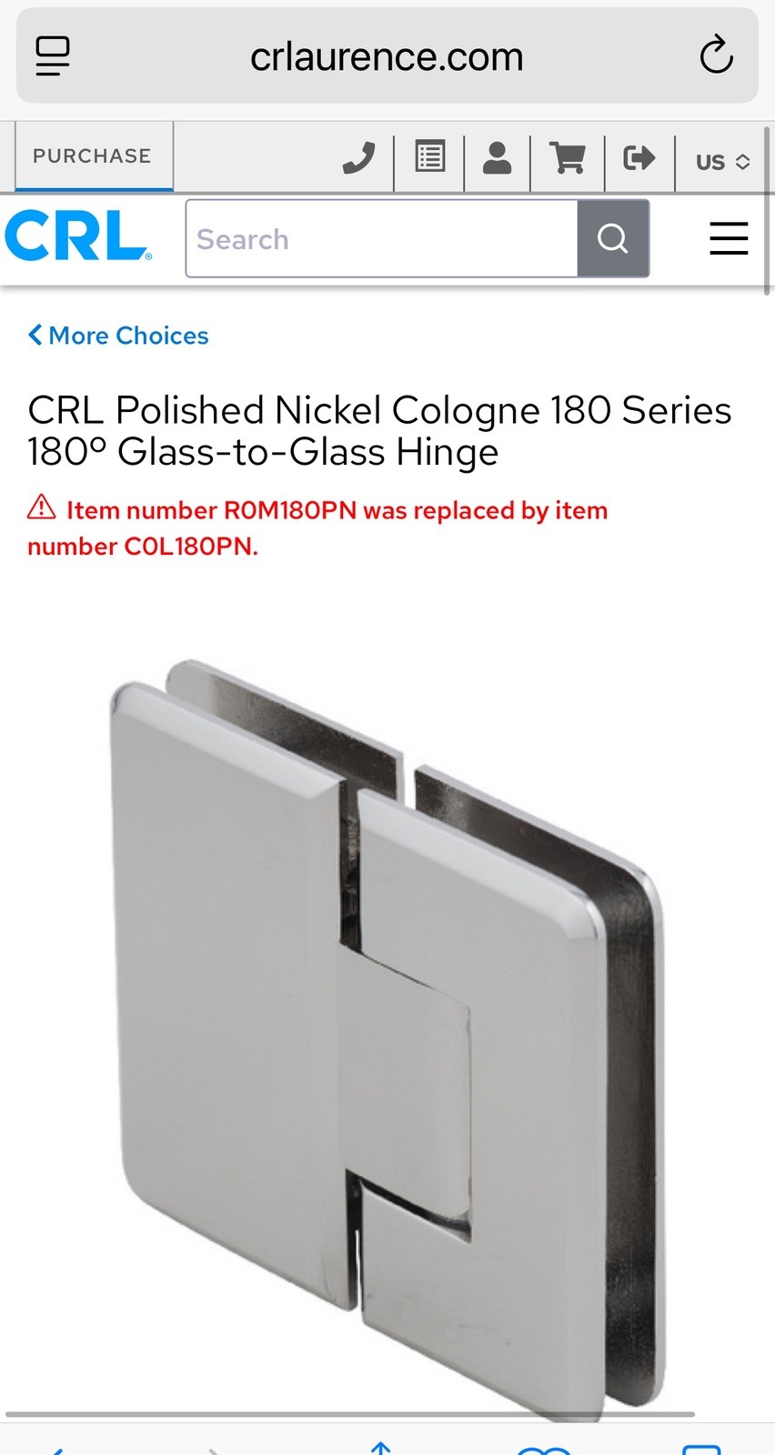 C.R. LAURENCE C0L180PN CRL Polished Nickel Cologne 180 Series 180 Glass-to-glass