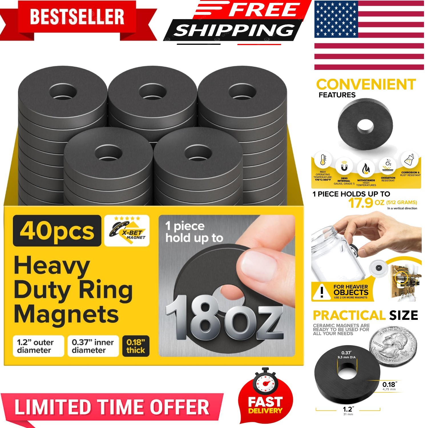 Versatile 40 Pack Ultra Strong Ring Magnets - Perfect for Home & Craft Projects