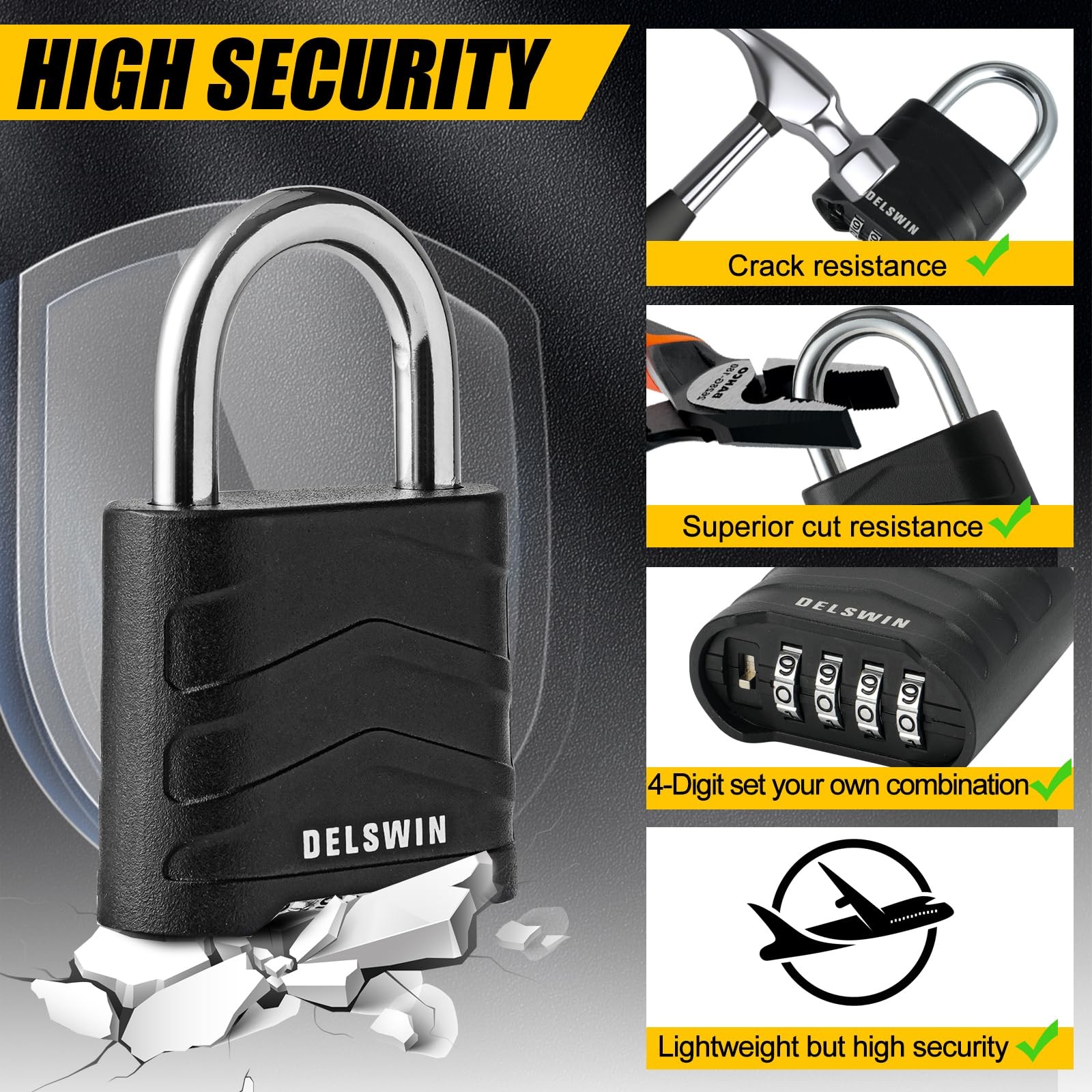 DELSWIN 3 Pack Large Combination Padlock - 4 Digit Resettable Combo Lock with Ha