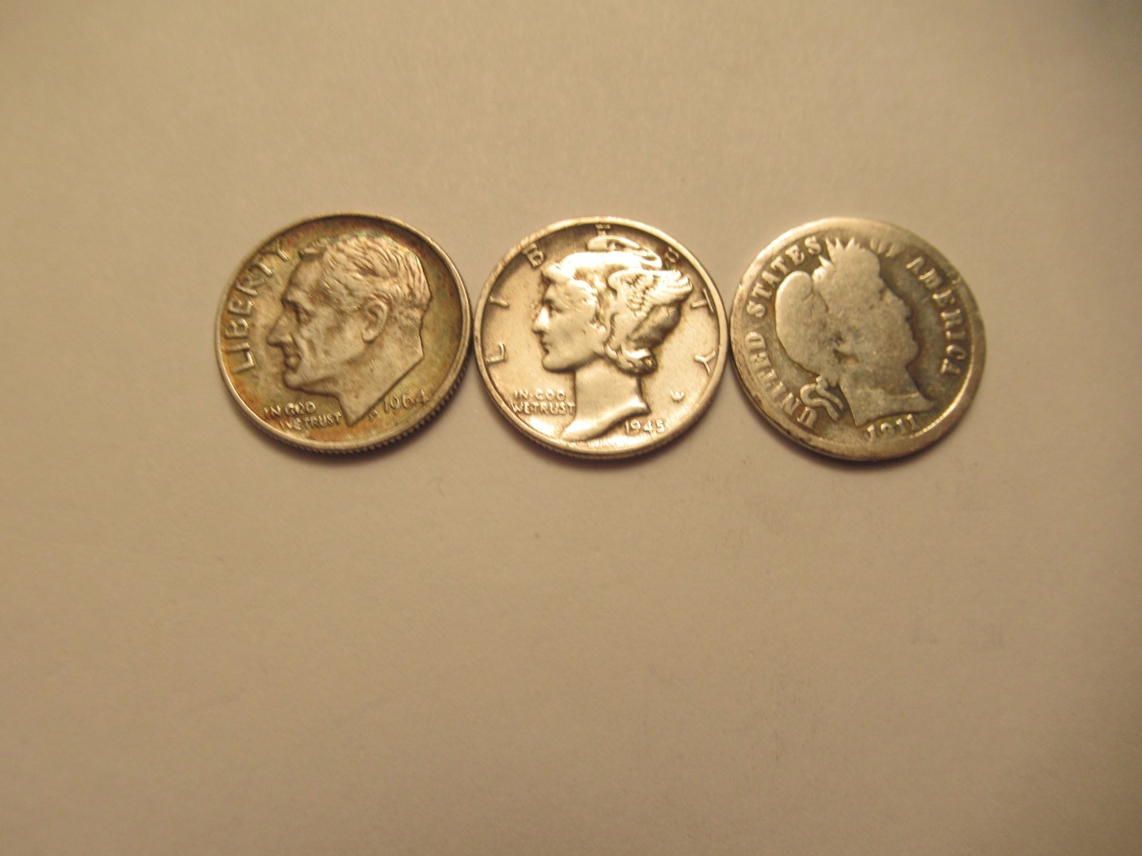 THREE US Silver Dimes, 1911 Barber, 1943 Mercury, 1964 Roosevelt