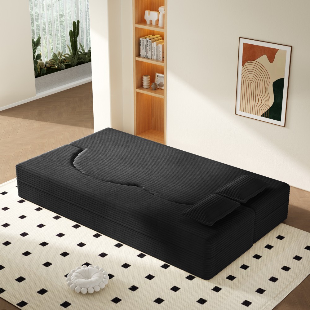Corduroy Twin Floor Sofa Bed w/ 2 Pillows, Foldable Sleeper Couch, Black