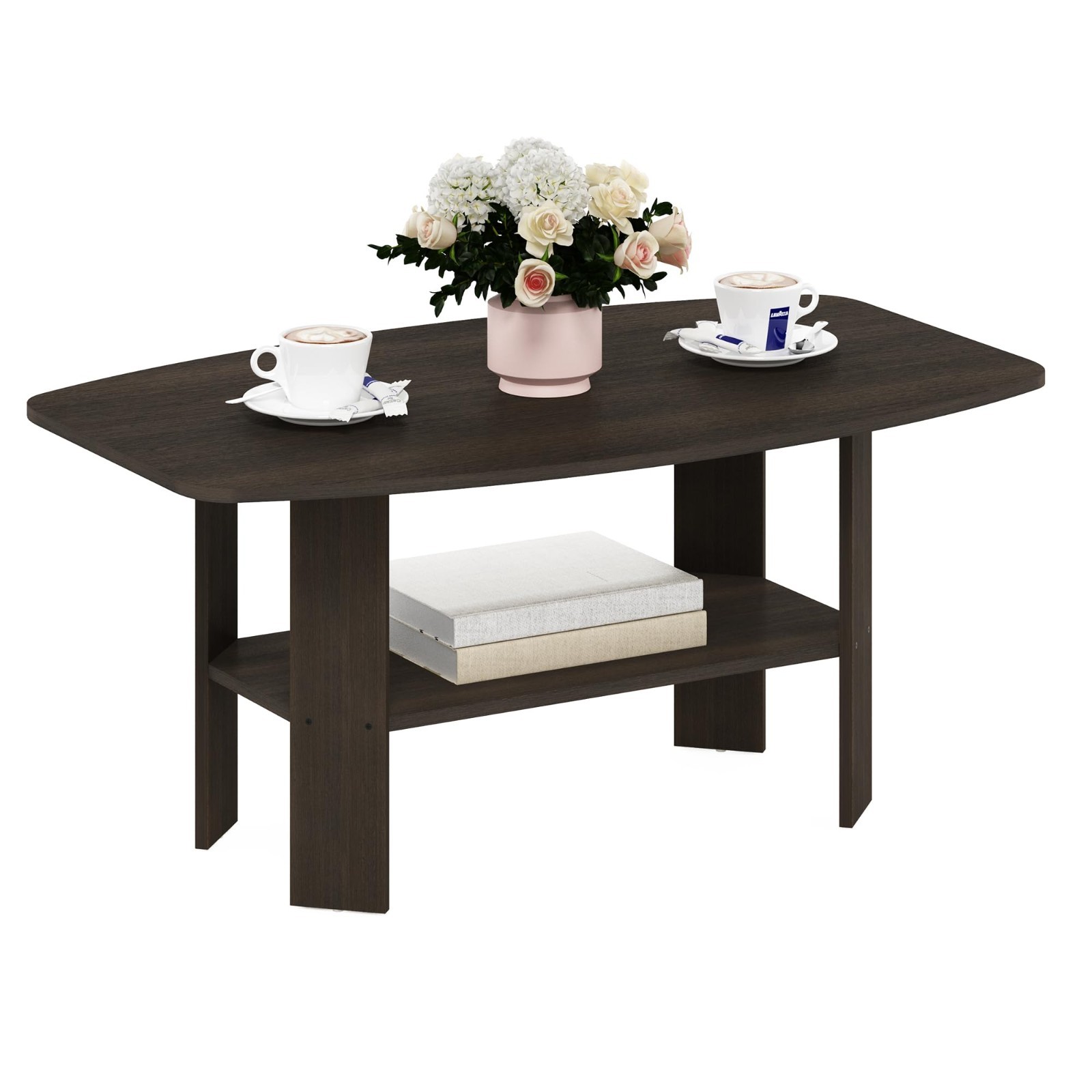 Modern Dark Brown Coffee Table with Open Shelf - Small Side Table for Living Roo