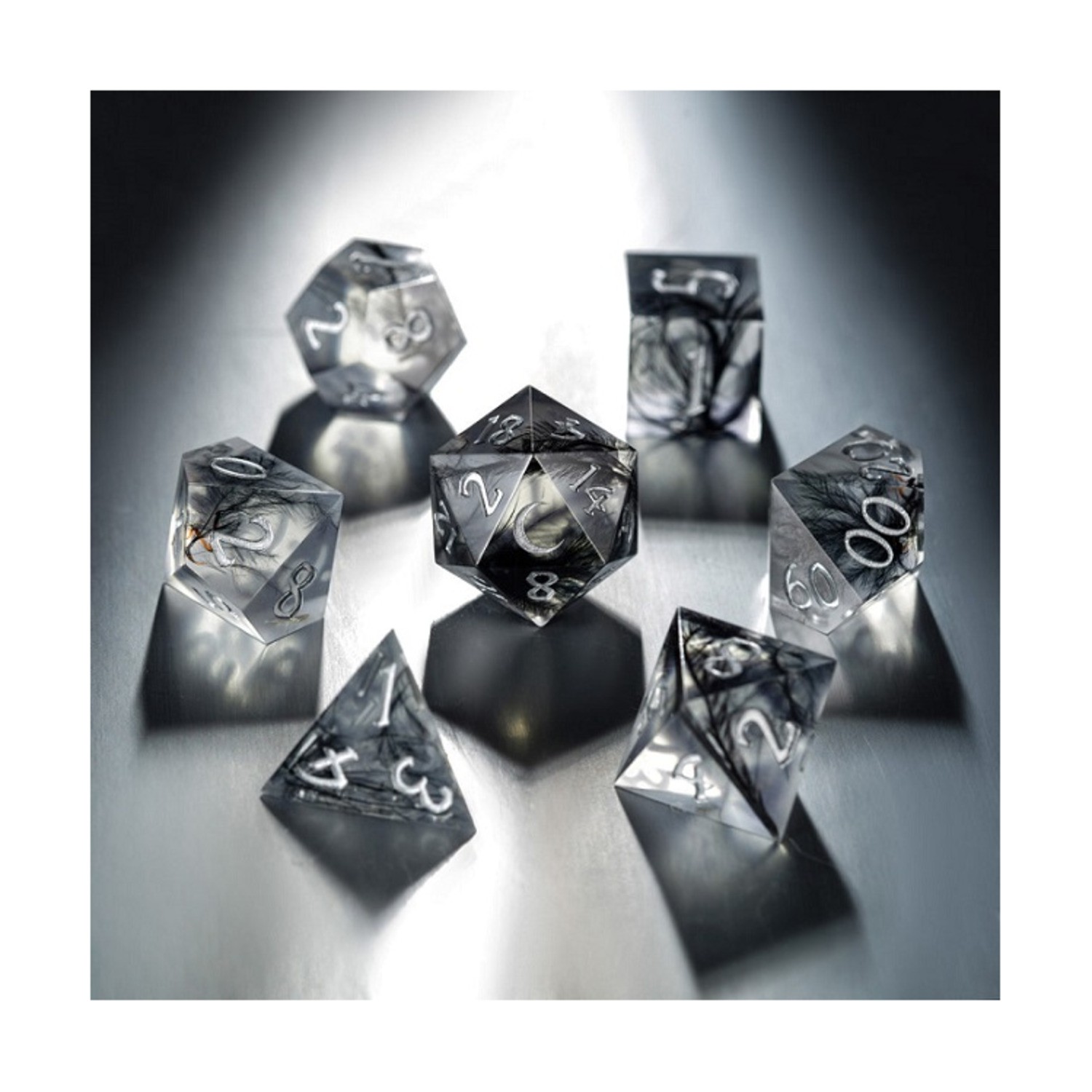 Crystal Maggie Dice Poly Set - Black Feather Moon w/Silver (7) New