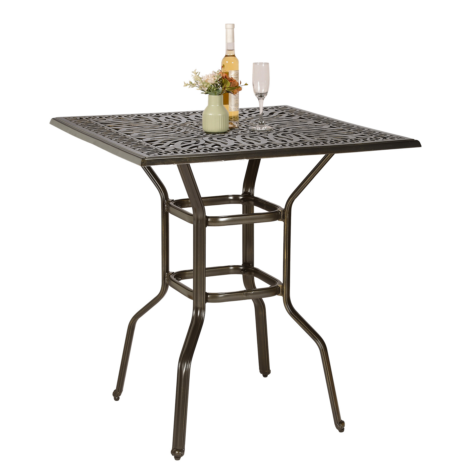 35.4"Outdoor Bar Bistro Table w/Umbrella Hole Cast Aluminum Tall Bar Patio Table