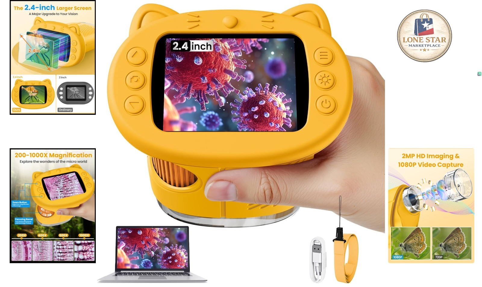 2.4-Inch Kids Digital Microscope with 1000X Magnification - Educational Yello...