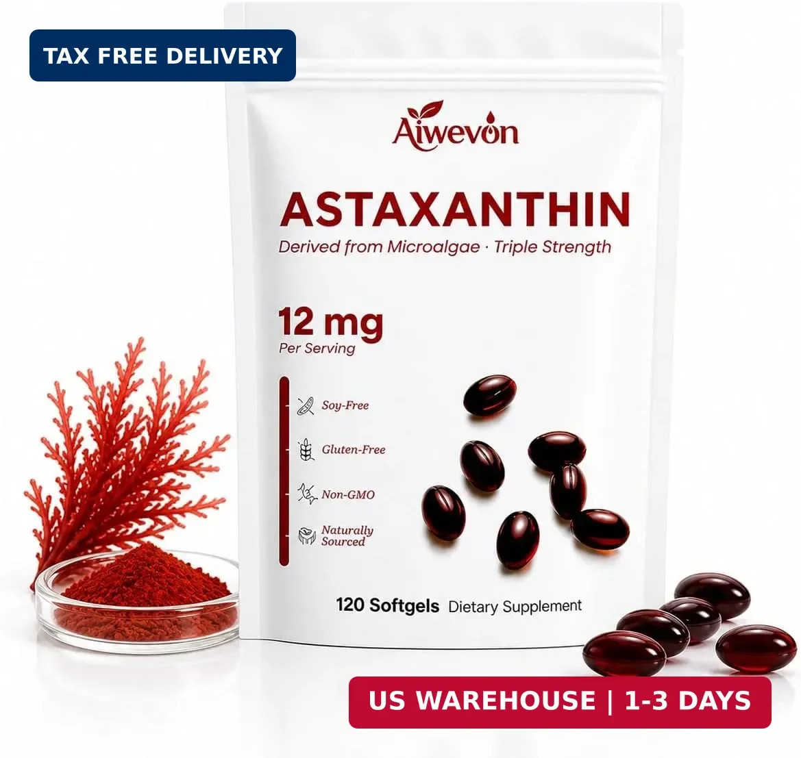 High Potency Astaxanthin 12mg 120 Softgels, Natural Astaxanthin Supplement from