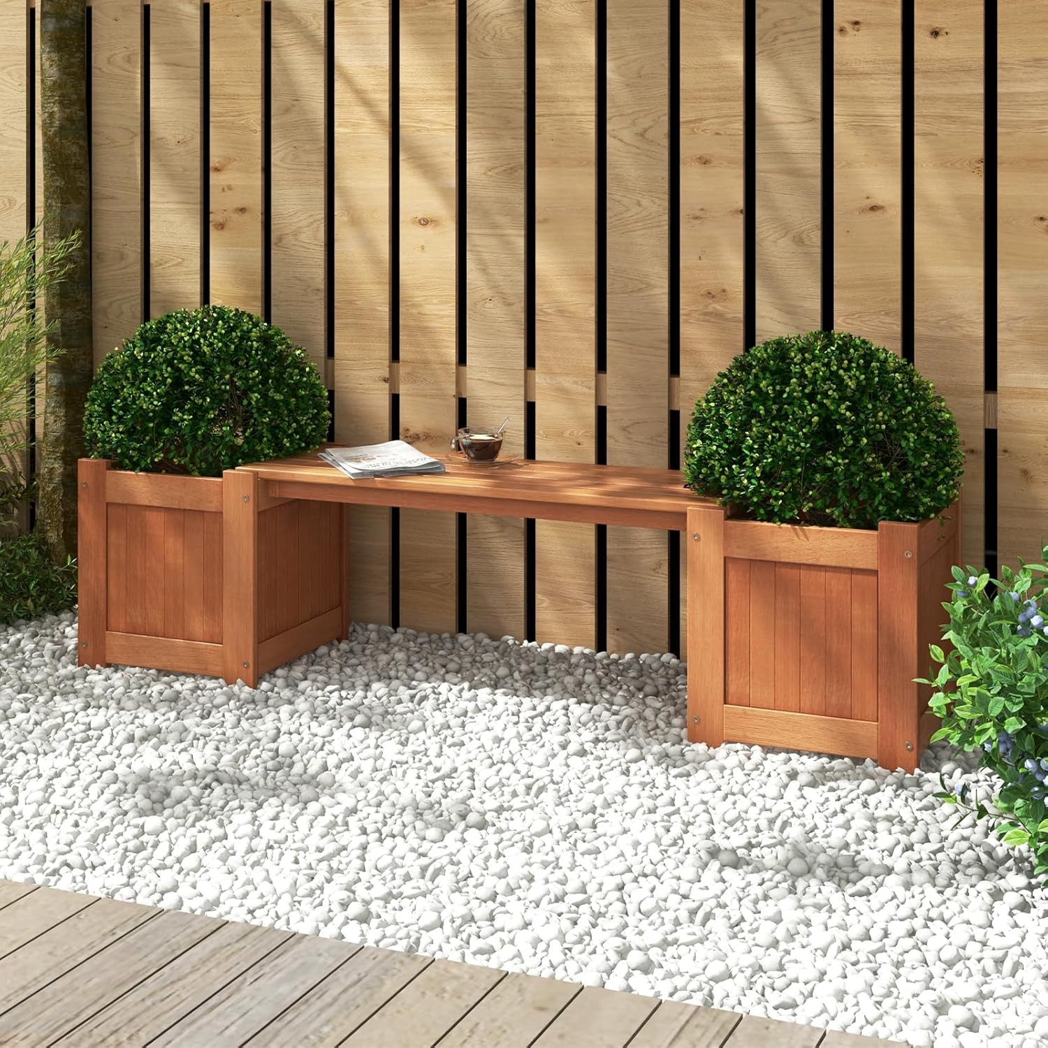 Planter Box Bench Outdoor Wood Patio Bench W/ 2 Wood Planter Boxes Raised Plant