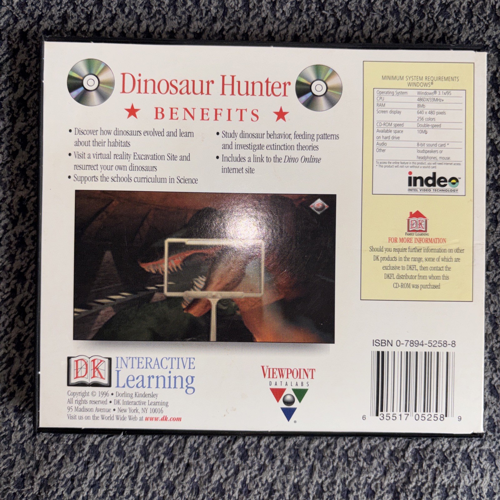 Vintage 1996 Dinosaur Hunter PC CD-ROM Eyewitness Virtual Reality Windows 95