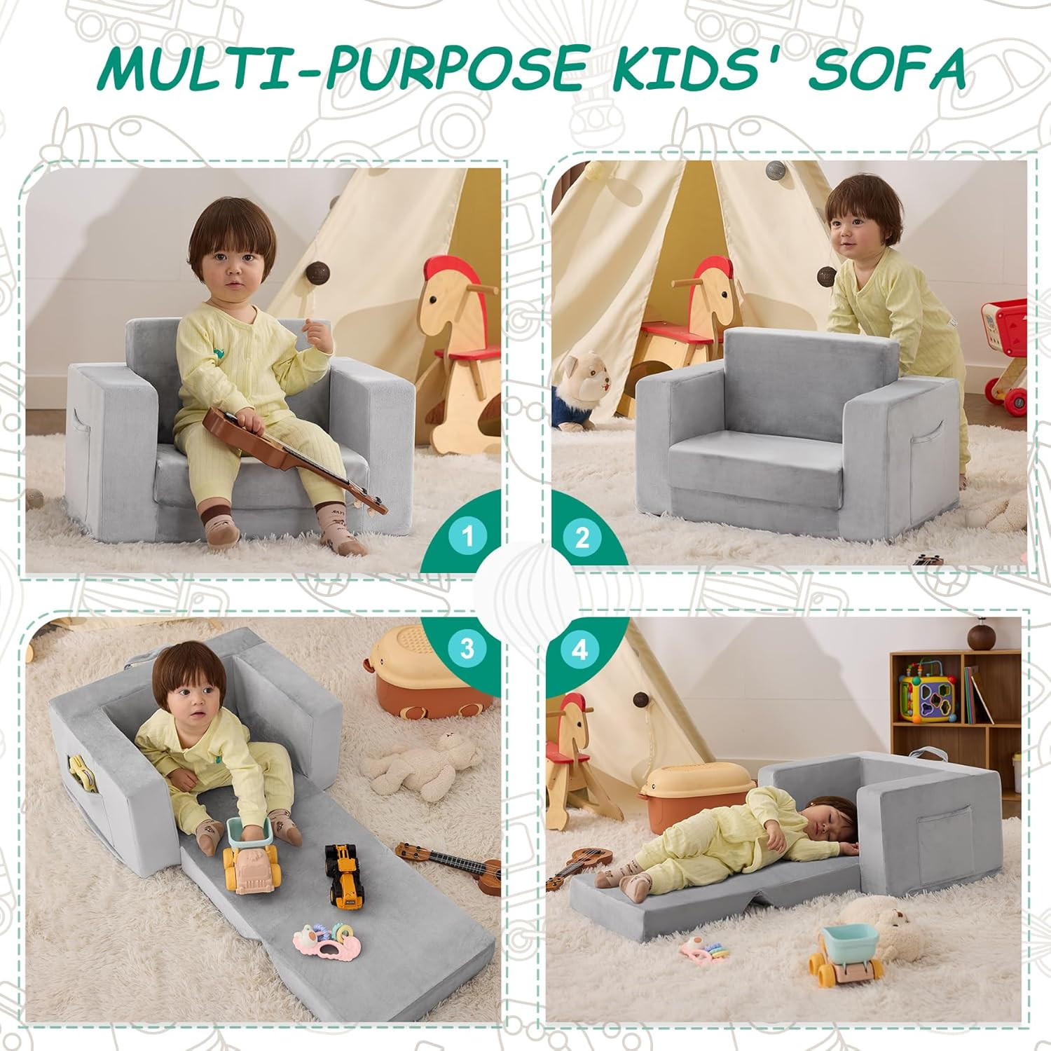 Kids Couch, 2-In-1 Toddler Chair Comfy 1-3 Years Old, Convertible Kids Chair, To